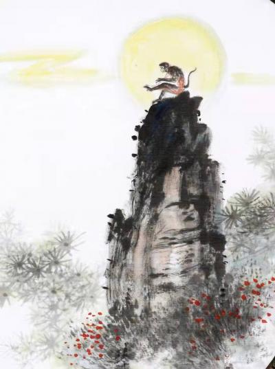 罗树辉日记-国画山水画绢材团扇《听月》南天一柱，蒼松环绕。朗月清风，景物超然。神猴高坐，自在【图1】