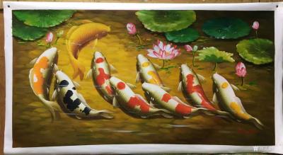 黎群日记-《九鱼戏莲》系列油画欣赏，尺寸60X120㎝，碧绿的荷叶，舞动的水草，清雅的荷花【图1】