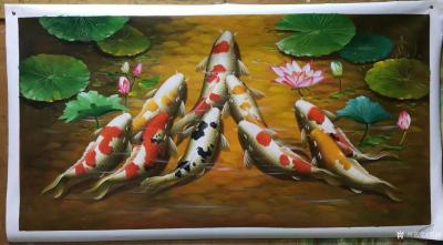黎群日记-《九鱼戏莲》系列油画欣赏，尺寸60X120㎝，碧绿的荷叶，舞动的水草，清雅的荷花【图2】
