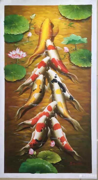 黎群日记-《九鱼戏莲》系列油画欣赏，尺寸60X120㎝，碧绿的荷叶，舞动的水草，清雅的荷花【图5】