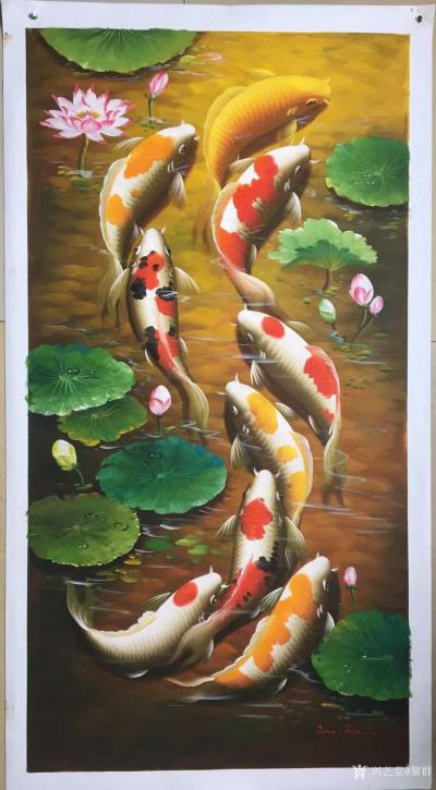 黎群日记-《九鱼戏莲》系列油画欣赏，尺寸60X120㎝，碧绿的荷叶，舞动的水草，清雅的荷花【图6】